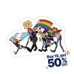 the cartoon characters are holding a rainbow flag and posing for a photo with an extra 50 % off sign