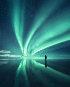 a man standing on the beach under an aurora bore