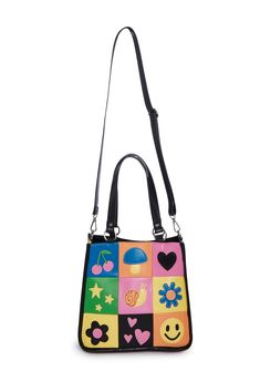 you're all smiles, all the time! This tote bag has a vegan leather construction, a patchwork design with embroidered appliques, top handles, a removable adjustable shoulder strap,and a snap button closure. Fun Multicolor Shoulder Bag With Adjustable Strap, Trendy Patchwork Shoulder Bag For Everyday Use, Trendy Patchwork Bags For Everyday Use, Fun Shoulder Bag With Adjustable Strap For Daily Use, Playful Multicolor Satchel Shoulder Bag, Retro Patchwork Shoulder Bag For Everyday Use, Retro Style Patchwork Shoulder Bag For Everyday Use, Square Patchwork Satchel For Daily Use, Fun Crossbody Bags For Daily Use