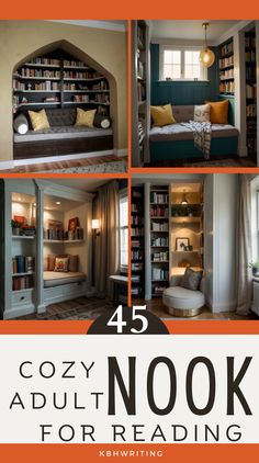 four different rooms with bookshelves and couches in them, including the words cozy nook for reading