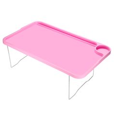 a pink plastic tray with metal legs and an oval hole in the middle, on a white background