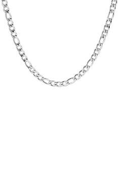 Finely sculpted figaro-style links make up a classic chain fashioned from sleek stainless steel. Stainless steel Imported Classic Figaro Chain Metal Necklace, Classic Stainless Steel Figaro Chain Necklace, Stainless Steel Cuban Link Necklace With Figaro Chain, Modern Stainless Steel Figaro Chain Necklace, Stainless Steel Figaro Chain Necklace, Silver Chain Men, Silver Necklace Men, Hungarian Fashion, Boys Necklace