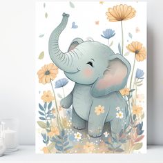 a card with an elephant and flowers on it