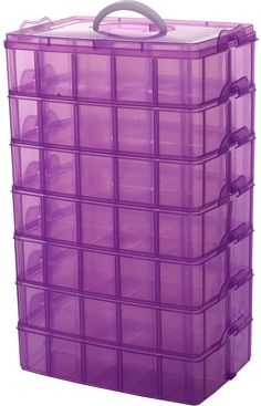 a large purple plastic storage box with lots of drawers