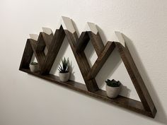 three wooden shelves with succulents and plants on them against a white wall