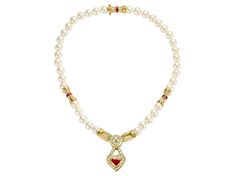 Gorgeous 18 kt. Yellow gold Pearl Necklace with Diamonds & Heart Shaped Red Ruby Pearls: 38 Akoya pearls, diameter each pearl 8 mm Ruby: Heart shape ruby, 18 Square cut ruby Diamonds: brilliant cut diamonds together 2.15 ct. baguette cut diamonds together approx. 0.30 ct. Material: 18 kt. yellow gold Measurements: Necklace is 40 cm long Total weight: 60.8 gram / 2.145 oz / 39.1 dwt Necklace With Diamonds, Ruby Heart, Gold Pearl Necklace, Heart Shaped Diamond, Baguette Cut Diamond, Akoya Pearls, Ruby Diamond, Square Cut, Red Ruby