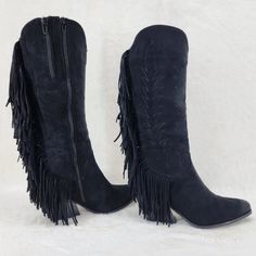 Brand New Faux Suede Back Fringe Details Composite Sole And Heel Full Inside Zipper With A 2nd Pant Tuck Zipper To Give Extra Inches At The Top Opening If Needed!! Top Opening 15" Approx (With Tuck Zipper Open 16" Approx) Measured On Size 7 Heel Height Approx. 3" Western Black Knee-high Boots For Fall, Black Western Knee-high Boots For Fall, Black Mid-calf Boots With Zipper Closure For Party, Black Mid-calf Boots With Zipper For Party, Party Black Mid-calf Boots With Zipper Closure, Black Moto Boots With Zipper Closure For Winter, Black Moto Boots With Zipper For Winter, Edgy Knee-high Boots With Zipper For Winter, Edgy Winter Knee-high Boots With Zipper Closure