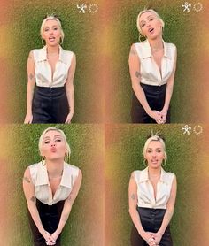 four pictures of a woman with different expressions on her face and chest, sitting in front of a grass wall