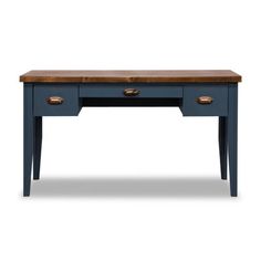 a blue desk with two drawers on one side and an open drawer on the other