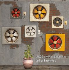 the wall is decorated with old fan's and other decorative items, including a potted plant