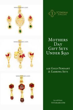 These lovely 22k gold pendant and earring sets will have your mom feeling like the queen she is! Purchase a special gift from our collection now to delight her on Mother’s Day. [Each of the pictured sets below can be purchased for or under $550]  #Totaram #MothersDayGift #GiftIdeas #India #FineJewellery #FashionJewelry #IndianBride #WeddingJewelry #Partywear #accessories #dangleearrings Fine Jewelry With Matching Earrings For Mother's Day, Mother's Day Gift Pendant Earrings, Mother's Day Pendant Earrings, Mother's Day Dangle Earrings Jewelry Set, Traditional Wedding Jewelry For Mother's Day, Mother's Day Matching Dangle Earrings, Indian Gold Jewelry, 22k Gold Jewelry, Gold Pendants