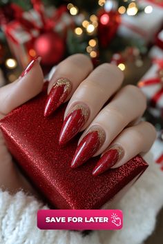 Get ready to dazzle with a red-to-gold ombre effect that brings all the glitz and glam to your fingertips. This combination of wine-red transitioning into gold glitter feels luxurious and festive. It’s like wearing a holiday ornament on each nail! This look is perfect for those who want their nails to shine brighter than any Christmas lights. Gold Ombre