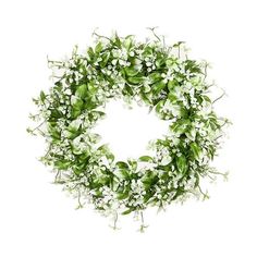 a wreath with white flowers and green leaves