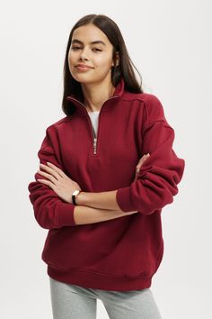 CLASSIC FLEECE OVERSIZED HALF ZIP SWEATSHIRT Red Sporty Sweatshirt With Relaxed Fit, Red Quarter Zip Outfit, Red Oversized Fleece Sweatshirt, Sporty Red Cotton Sweatshirt, Red Long Sleeve Fleece Sweatshirt, Cargo Shirts, Trouser Outfits, Half Zip Sweatshirt, Long Sleeve And Shorts