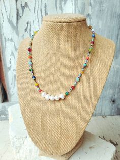 "Multicolored seed beads and genuine freshwater pearls make up this trendy necklace. A sweet dainty necklace that will go with any outfit. The necklace measures 15\"-18\" in length and is strung on a strong 7 strand nylon coated stainless steel wire for durability and flexibility and has a gold lobster clasp and a 3\" extender chain for more flexible sizing. See more of my handmade jewelry here: http://www.etsy.com/shop/JensBeadBox?ref=seller_info All my jewelry comes gift boxed with a bow ready Multicolor Tiny Beads Pearl Necklace, Multicolor Bohemian Pearl Necklace With Charm, Bohemian Multicolor Pearl Necklace With Pearl Charm, Bohemian Multicolor Beaded Necklace With Pearl Charm, Bohemian Multicolor Pearl Necklace With Charm, Multicolor Beaded Necklace With Pearl Charm, Multicolor Bohemian Pearl Chain Necklace, Bohemian Multicolor Pearl Chain Jewelry, Bohemian Multicolor Pearl Chain Necklace