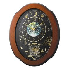 a wooden clock with an image of the earth on it's face and hands