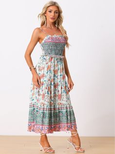 Shop Allegra K for Boho Floral Summer Spaghetti Strap A-Line Flowy Smocked Midi Dress Sundress you are looking for, get more women's Dresses for yourelf. Order now! Free Returns! Summer Spaghetti, Boho Floral, Women's Dresses, Order Now, Sundress, Light Green, Smocking, Spaghetti Strap, Spaghetti