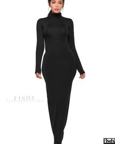 Fisdy - Elegant Long-Sleeved Maxi Dress with a Sleek High Neckline and Streamlined Silhouette Fitted Bodycon Dress, Chic Maxi Dresses, Winter Knit Sweater, Fall Attire, Dress Attire, Bodycon Maxi Dresses, Long Sleeve Print Dress, Round Neck Dresses, Maternity Shoot