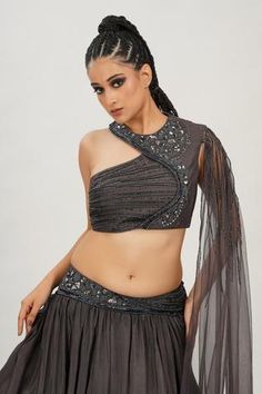 Shop for Shruti S Grey Silk Crossbody Draped Bustier And Lehenga Set for Women Online at Aza Fashions Fitted Asymmetrical Party Sets, Fitted Draped Evening Sets, Fitted Draped Evening Choli, Evening Choli With Fitted Cape Sleeves, One Shoulder Fitted Choli For Party, Fitted One Shoulder Choli For Party, One Shoulder Fitted Pre-draped Saree For Party, Grey Lehenga, Lehenga And Blouse