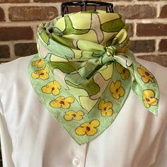 Original ElectrickInk design chartreuse silk scarf. Abstract oversized puzzle pieces bordered by whimsical yellow flower power poppies. Original hand drawn design. 100% Silk twill supple, light weight and luxurious. Puzzle shapes  Details: * A fashion accessory art piece. * Baby hem white thread. * Measurements: 32" x 23.5" * This is our 100% genuine, natural silk. Made of a silk twill weave, with an organzine warp, using crepe twist yarn.  Wearable art scarves By ElectrickInk ElectrickInk art wear scarves are original designs that are bold and meant to reflect how you feel. Abstract Print Scarf, Casual Yellow Scarf For Spring, Spring Floral Print Silk Scarf, Green Bohemian Scarf For Spring, Green Bohemian Silk Scarf With Floral Print, Spring Yellow Scarves, Green Silk Scarf For Summer, Casual Yellow Scarves, One Size, Casual Yellow Scarf One Size