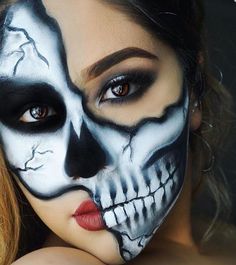 Skull Face Halloween Costume, Pretty Skeleton Makeup Halloween, Skull Pirate Makeup, Cute Halloween Face Paint For Women, Skeleton Face Paint Women, Dia De Los Muertos Makeup For Women, Half Face Skull Makeup, Half Face Skeleton Makeup, Colorful Skull Makeup