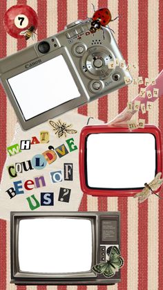 an assortment of objects including a camera, mirror and magnets on a striped background