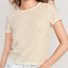 Nwt Old Navy Fitted Short-Sleeve Floral Lace Top In Cozy Cashmere. Short Sleeves. Crew Neckline. Fitted Style. Stretchy Material. New With Tags. No Trades | No Holds | No Modeling. Offers Welcome Through The Offer Button Only. Cream Crew Neck Knit Top Relaxed Fit, Cream Textured Knit Top With Relaxed Fit, Spring Textured Knit Crew Neck Blouse, Cream Relaxed Fit Crew Neck Knit Top, White Crew Neck Top In Pointelle Knit, Cream Crew Neck Top For Day Out, Fitted Pointelle Knit Short Sleeve Top, Cream Trendy Knit Top For Spring, Trendy Cream Knit Top For Spring