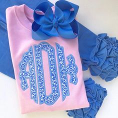 Girl or Baby Girl Shirt or Bodysuit or pink sweatshirt with name - Ruffle Monogram, beautiful scalloped edge monogram in capri blue - Darling Little Bow Shop Monogram Kids, Ruffle Leggings, Monogram Outfit, Girls Applique, Monogram Sweatshirt, Applique Monogram, Monogram Shirts, Pink Monogram