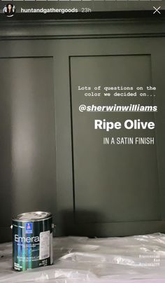 a can of paint sitting on top of a bed next to a wall with the words ripe olive in it