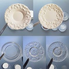 four different views of decorative plates and utensils