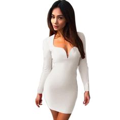 This long sleeve body con dress featuring a plunging neckline is perfect for date night or girls night out. Made with a spandex/cotton/polyester blend this figure flattering dress is also quite comfy. Comes in 4 fab colors.