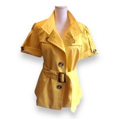 Peter Nygard Collection Mustard Gold To Yellow Safari Jacket New Without Tags. Size 8 Classic With Collar Turned Up Or Down Yellow With A Slight Shimmer Cotton/Nylon/Spandex. Lined Polyester Contrasting Details Of Brown Faux Tortoise Shell Buttons And Rectangular Belt Buckle Like New Safari Jacket, Shell Buttons, Tunic Length, Gold Yellow, Tortoise Shell, Belt Buckle, Belt Buckles, Tortoise, Mustard