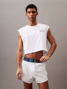 Inspired by the spectrum of pride. A bold iteration of our iconic logo with maximum comfort and enhanced movement. These Calvin Klein sleep shorts are made from a soft recycled cotton blend with a wide supportive waistband, an athletic curved hemline and an unmistakable, modern look.  Material: 80% Cotton, 20% Reprocessed Cotton. Men Loungewear, Sleep Shorts, Iconic Logo, Recycled Cotton, Calvin Klein, Lounge Wear, Cotton Blend, Sleep, Crop Tops