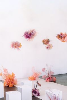 an arrangement of flowers on display in front of a white wall with four cubes