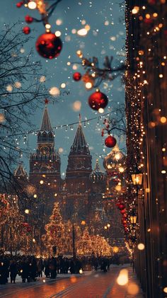 This festive street filled with twinkling lights and red ornaments with a cathedral in the background is my go-to for a holiday-themed phone wallpaper. Christmas Background Landscape, Historic Christmas, Christmas Background Images, Snowy Christmas