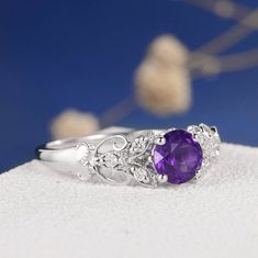 Amethyst Ring Antique Engagement Ring February Birthstone | Etsy Birthstone Engagement Rings February, Elegant Purple Crystal Promise Ring, Purple Birthstone Ring With Round Stone For Wedding, Purple Birthstone Ring For Wedding With Round Stone, Purple Birthstone Ring For Wedding, Purple Amethyst Ring With Gemstone Accents, Elegant Amethyst Ring With Stone Setting For Wedding, Elegant Purple Gemstone Flower Ring, White Gold Amethyst Ring With Gemstone Accents