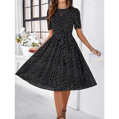 Season:Summer; Fabric:Chiffon; Sleeve Length:Short Sleeve; Look After Me:Hand wash,Machine wash; Gender:Women's; Style:Streetwear; Elasticity:Micro-elastic; Occasion:Holiday,Street,Vacation; Fit Type:Regular Fit; Dresses Type:Casual Dress,Summer Dress; Pattern:Polka Dot; Design:Print,Lace up; Neckline:Crew Neck; Front page:FF; Listing Date:02/27/2024; Bust:; Length:; Shoulder Width:; Sleeve:; Waist:; Fit US Size:; Fit UK Size:; Fit EU Size:; Dress Length Type:Midi Dress; Print Type:Print Chiffon Casual Dress, Dress Vacation, Polka Dress, Vacation Dresses, Style Streetwear, Types Of Dresses, Dress Summer, Dress Pattern, Casual Dresses For Women