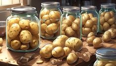 several jars filled with potatoes sitting on top of a table