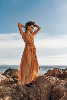 Boho Dress for Woman • Long Maxi Bohemian Dress • Beige Sandal Organic Dress | AYA Sacred Wear Brown Linen Beach Dress For Summer, Flowy Bohemian Maxi Linen Dress, Brown Linen Beach Dress, Bohemian Sleeveless Linen Dress, Brown Maxi Dress For Beach Season, Flowy Brown Beach Dresses, Flowy Brown Dresses For The Beach, Bohemian Style Long Linen Summer Dress, Bohemian Long Linen Dress For Summer