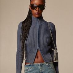 Lemme Blue Mock Turtleneck Ribbed Sweater Fitted Denim Blue Winter Top, Blue Long Sleeve Top With Zipper Closure, Denim Blue Long Sleeve Top For Winter, Trendy Ribbed Fitted Outerwear, Trendy Fitted Ribbed Outerwear, Blue Ribbed Outerwear For Winter, Winter Blue Ribbed Outerwear, H&m Fitted Winter Outerwear, Spring Ribbed Fitted Outerwear