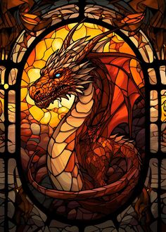 a stained glass window with a dragon on it