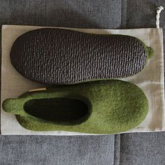 "Handmade slippers from natural wool with tail on back. Tail is for comfortable \"put slippers on\" process.  Rubber soles are glued and sewn by hands with special waxed threads, assure long-lasting wear.  On each pair there is suede leather label named \"Wollies Monika Dro\", to introduce who made your slippers!  Model - COMFORT  Woollies are unique and prepared specially for you! Wool products have many advantages - hygienic, light, soft, breathable. Your feet will breathe in summer and winter!  Each pair of handmade slippers not only warm up, but also massage your feet and improving your health! Opportunities of model versions: -wool might be in any other color.  -soles might be black, brown and beige." Green Comfortable Slippers With Textured Footbed, Slip-on Felt Slippers For Indoor Use, Winter Indoor Felt Slippers, Indoor Slip-on Felt Slippers, Comfortable Green Closed Toe Slippers, Winter Felt Slippers With Soft Sole, Felt Slip-on Slippers With Soft Sole, Indoor Wool Slippers With Round Toe, Wool Indoor Slip-on Slippers