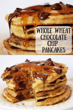 stacks of chocolate chip pancakes with syrup Whole Wheat Pancake Recipe, Chocolate Chip Pancake Recipe, Pancake Recipe Without Eggs, Quick Pancake Recipe, Wheat Pancake Recipe, Classic Pancake Recipe, Meals Under 400 Calories, Chocolate Chip Pancake, Chocolate Chip Pancakes Recipe