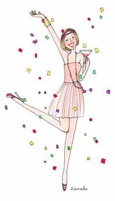 a drawing of a woman wearing a dress and holding a martini in her hand with confetti on it