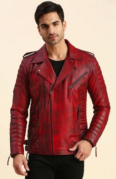 Get your Dawson distressed red motorcycle leather jacket now! This is a must-have for bikers and fashionistas alike. It's made from genuine leather with a distressed finish that looks great and feels comfortable. Red Leather Winter Outerwear, Red Fitted Leather Biker Jacket, Burgundy Leather Biker Jacket For Fall, Fitted Burgundy Leather Biker Jacket, Red Leather Biker Jacket With Zipper Closure, Red Winter Biker Jacket, Red Casual Long Sleeve Biker Jacket, Red Leather Jacket For Winter, Casual Red Long Sleeve Biker Jacket