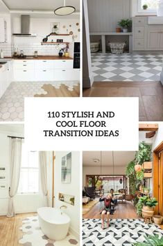 the interior of a house with white and black tile floors, potted plants, kitchen area