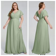 a woman in a long green dress with her hands on her hips and the back of her