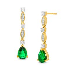 Anything but ordinary, these fashion drop earrings are the perfect addition to her evening attire. Created in sterling silver with 14K gold plate, each distinct earring features a 7.0 x 5.0mm pear-shaped lab-created verdant-green emerald dangle. Round lab-created shimmering white sapphires alternate with additional created sapphires in marquise-shaped frames along the linear design. Buffed to a brilliant luster, these post earrings secure comfortably with friction backs. Elegant Green Pear-shaped Earrings, Elegant Green Drop Linear Earrings, Green Linear Drop Earrings For Formal Occasions, Elegant Green Diamond Drop Earrings, Elegant Green Drop Diamond Earrings, Elegant Green Dangle Linear Earrings, Elegant Green Diamond Dangle Earrings, Elegant Green Dangle Diamond Earrings, Elegant Green Linear Earrings As Gift