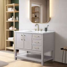 a bathroom with a sink, mirror and shelves