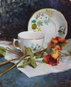 a painting of roses and a teacup on a table cloth with a plate in the background